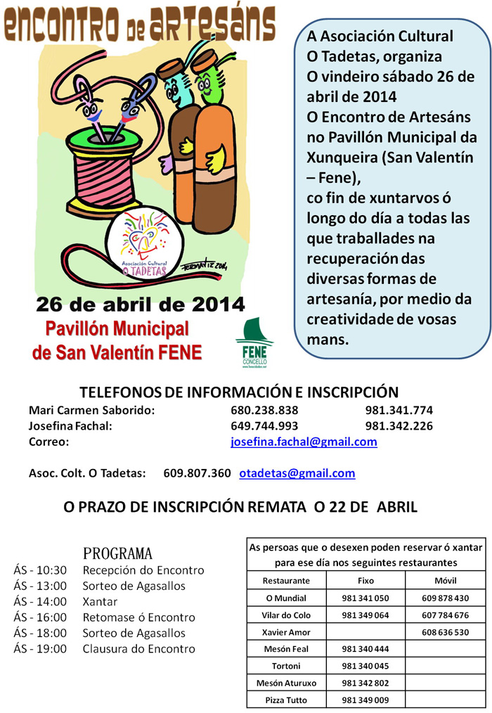 Programa Encuentro de artesanos en Fene (A Coru&ntilde;a) 26 abril 2014